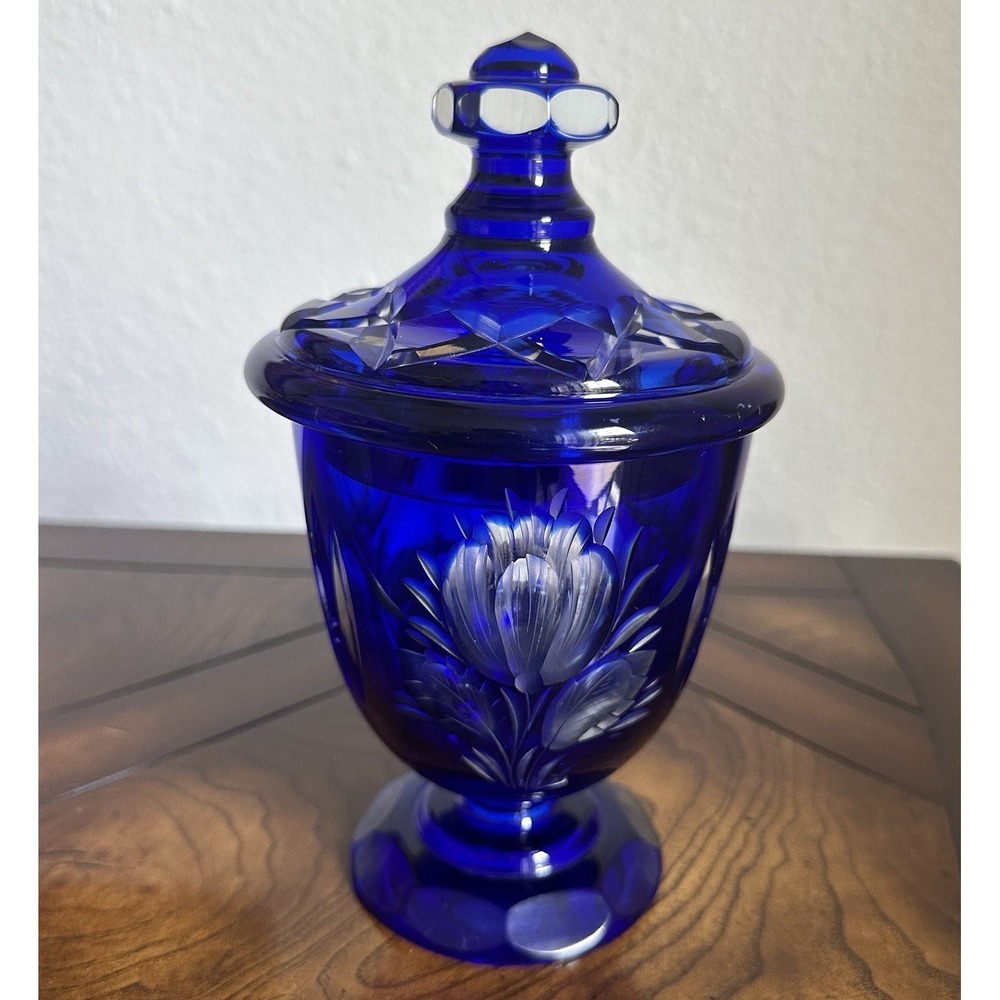 VTG Bohemian Lidded Footed Candy Dish Bowl 7.8 in Crystal Cut Floral Cobalt Blue